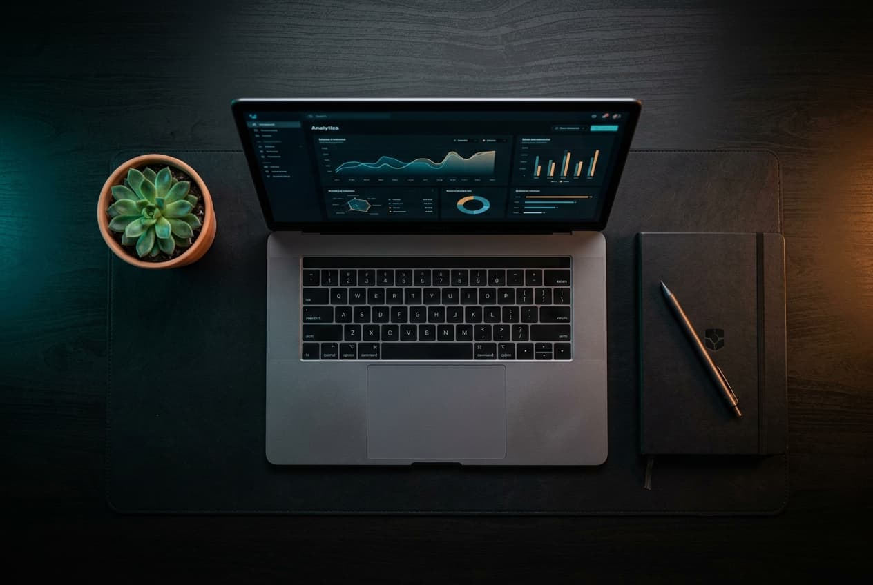 Modern digital marketing workspace showing analytics dashboard